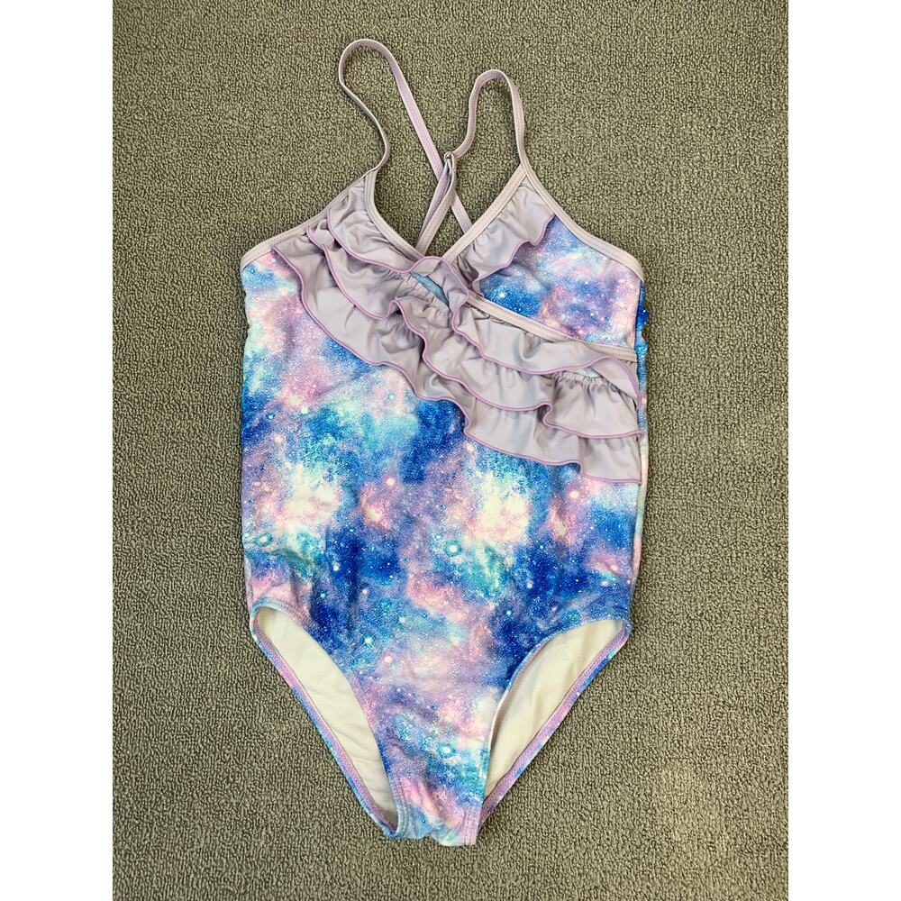 Girls One Piece Swimsuit Blue Purple Galaxy Print Ruffle Adjustable Straps Large